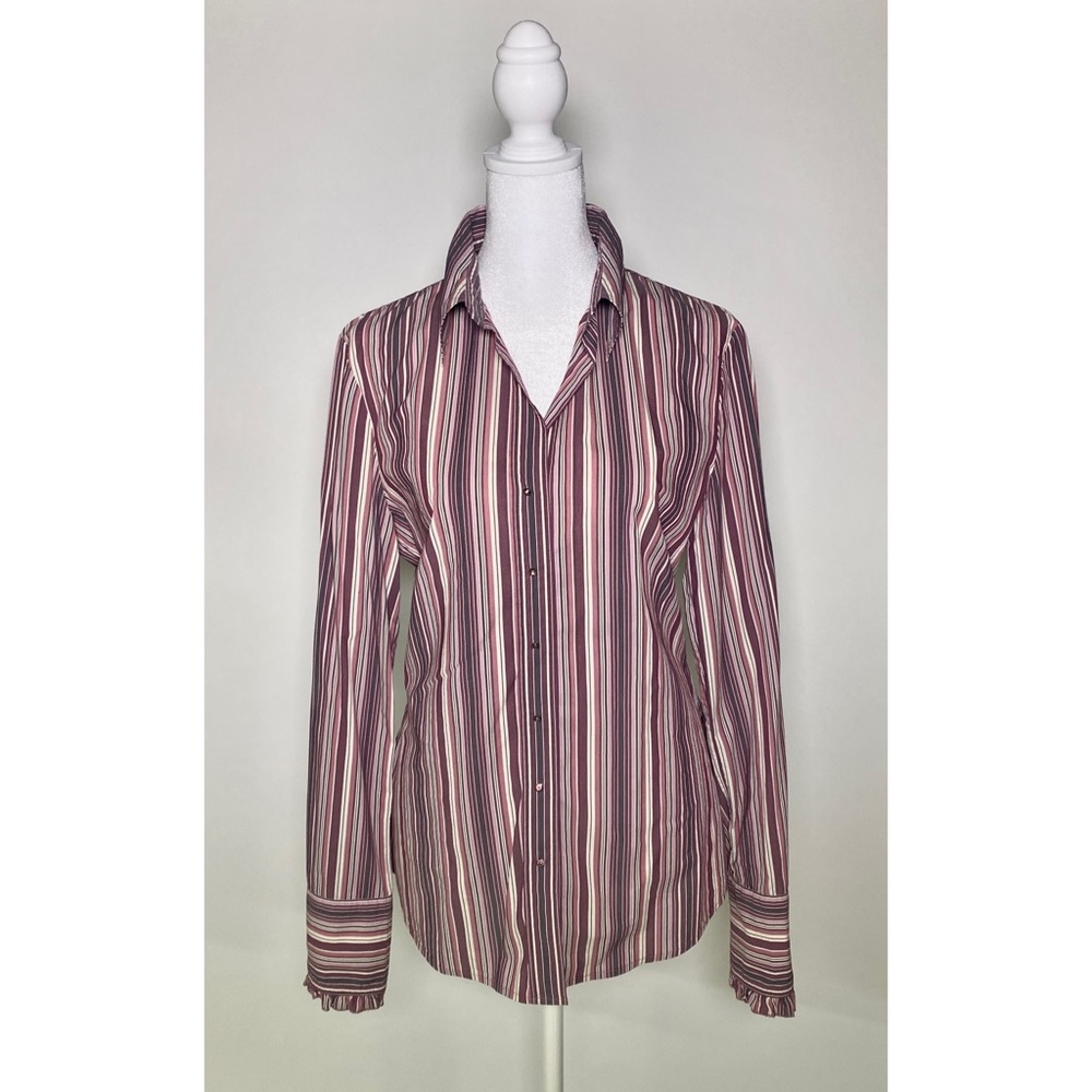 Elie Tahari purple striped button down shirt with ruffled details medium